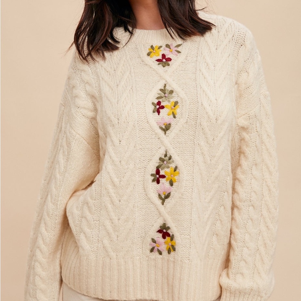 New Floral Embroidered Vanilla Cream Sweater - Picture 9 of 13
